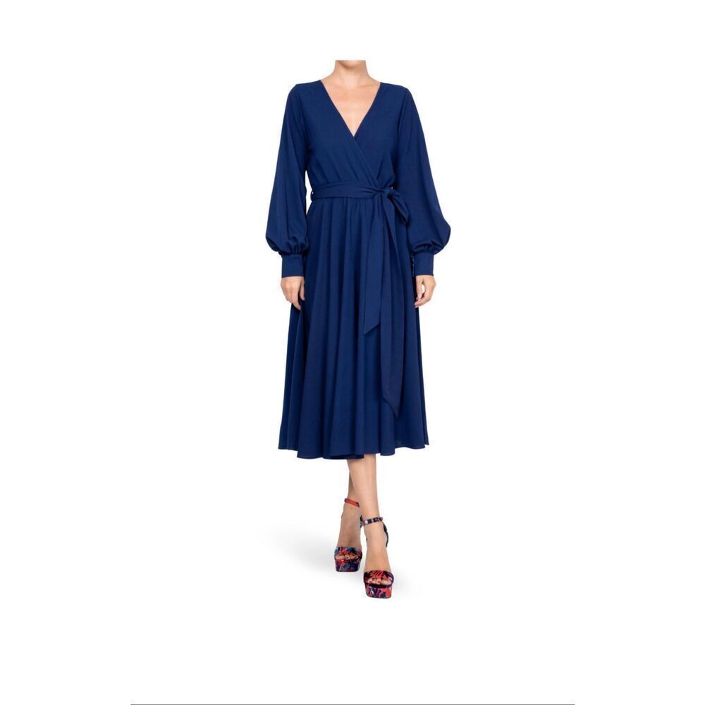 Meghan LA Navy Blue Faux Wrap Surplice Midi Dress Pearl Cuff Sleeve Large